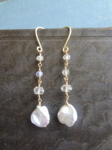 Gold-fill, pearl, morganite, and rainbow moonstone earrings.